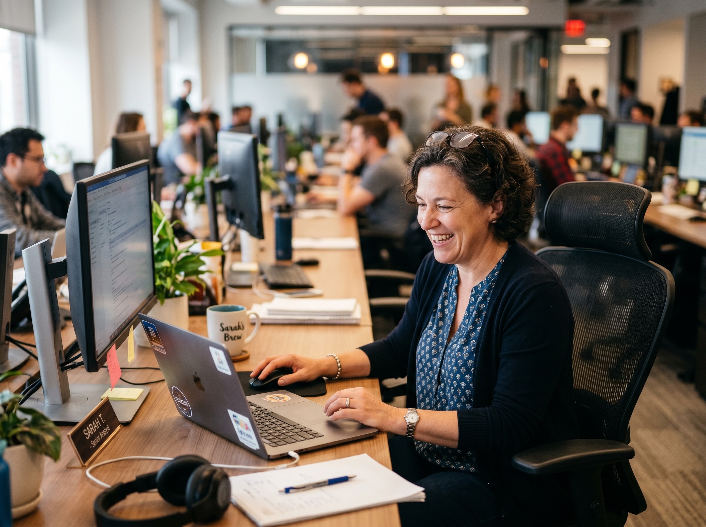 happy woman with laptop